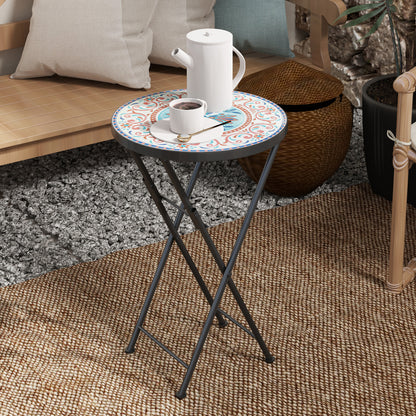 Folding Side Table Garden Table with Mosaic Design, Ø35.5 x 55 cm Round Weatherproof Metal Balcony Table, Camping Table Folding Table Coffee Table for Living Room Office Outdoor Indoor, Multicolored