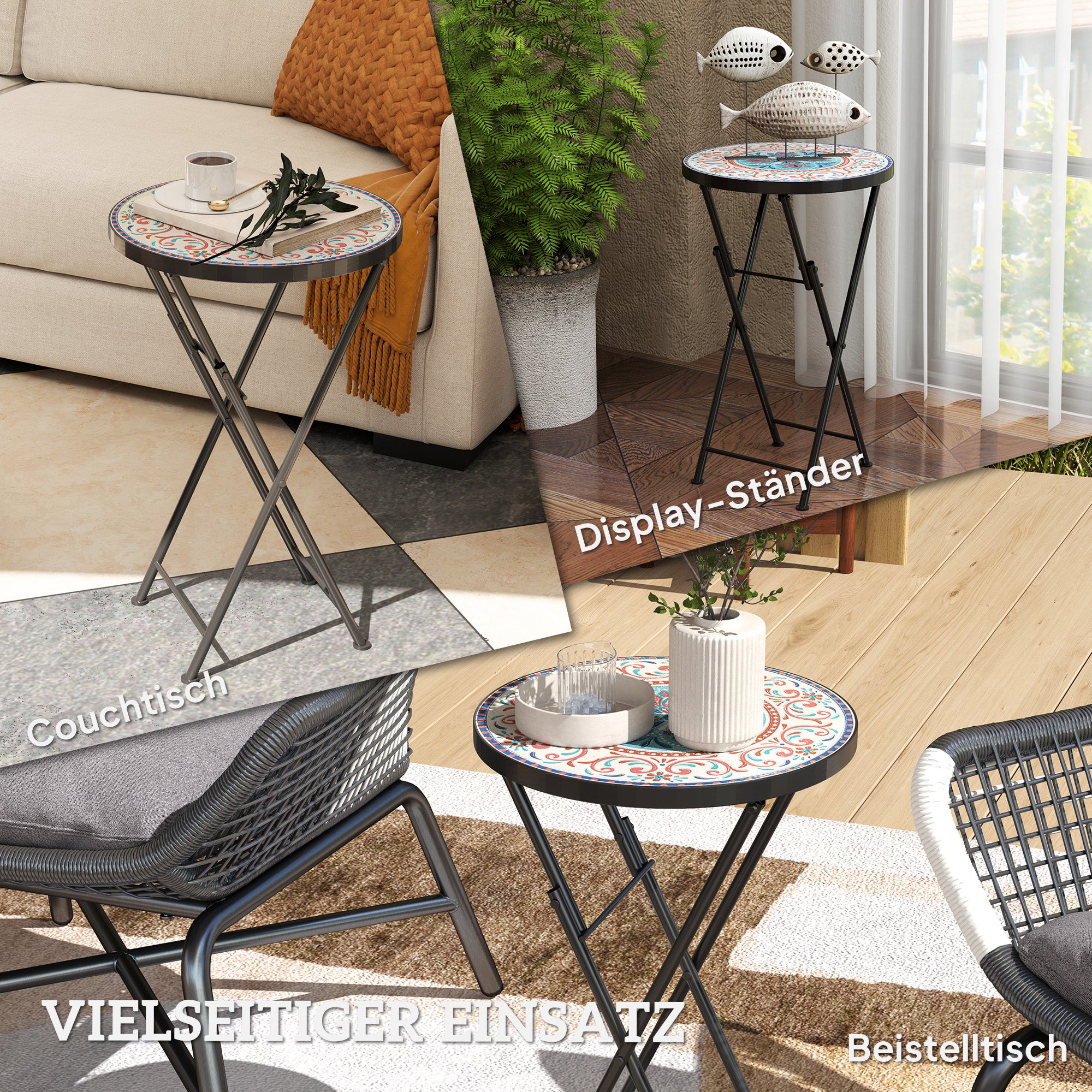 Folding Side Table Garden Table with Mosaic Design, Ø35.5 x 55 cm Round Weatherproof Metal Balcony Table, Camping Table Folding Table Coffee Table for Living Room Office Outdoor Indoor, Multicolored