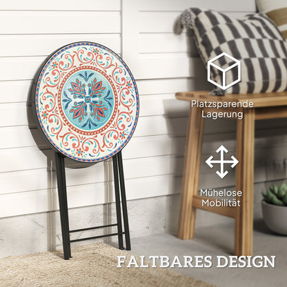 Folding Side Table Garden Table with Mosaic Design, Ø35.5 x 55 cm Round Weatherproof Metal Balcony Table, Camping Table Folding Table Coffee Table for Living Room Office Outdoor Indoor, Multicolored