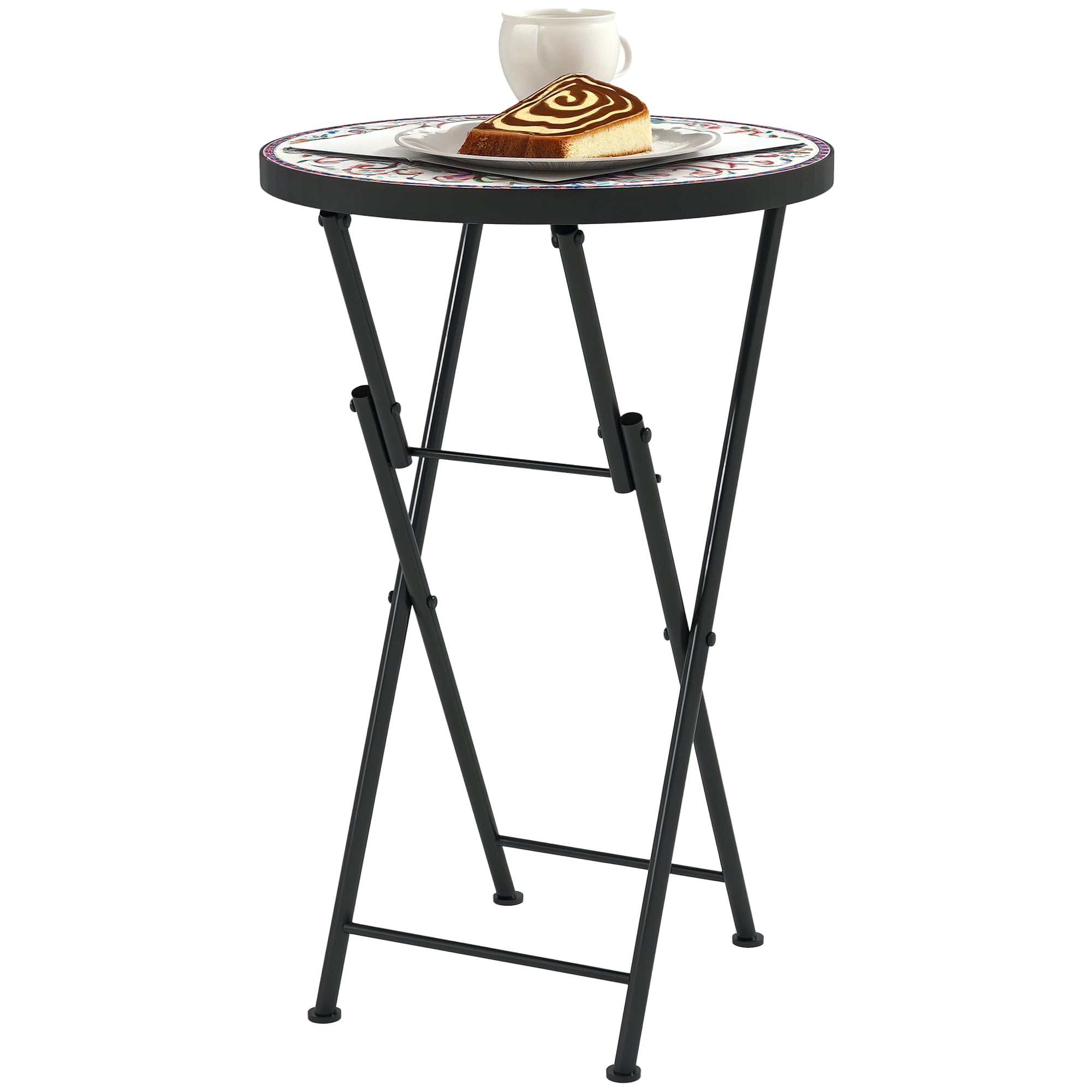 Folding Side Table Garden Table with Mosaic Design, Ø35.5 x 55 cm Round Weatherproof Metal Balcony Table, Camping Table Folding Table Coffee Table for Living Room Office Outdoor Indoor, Multicolored