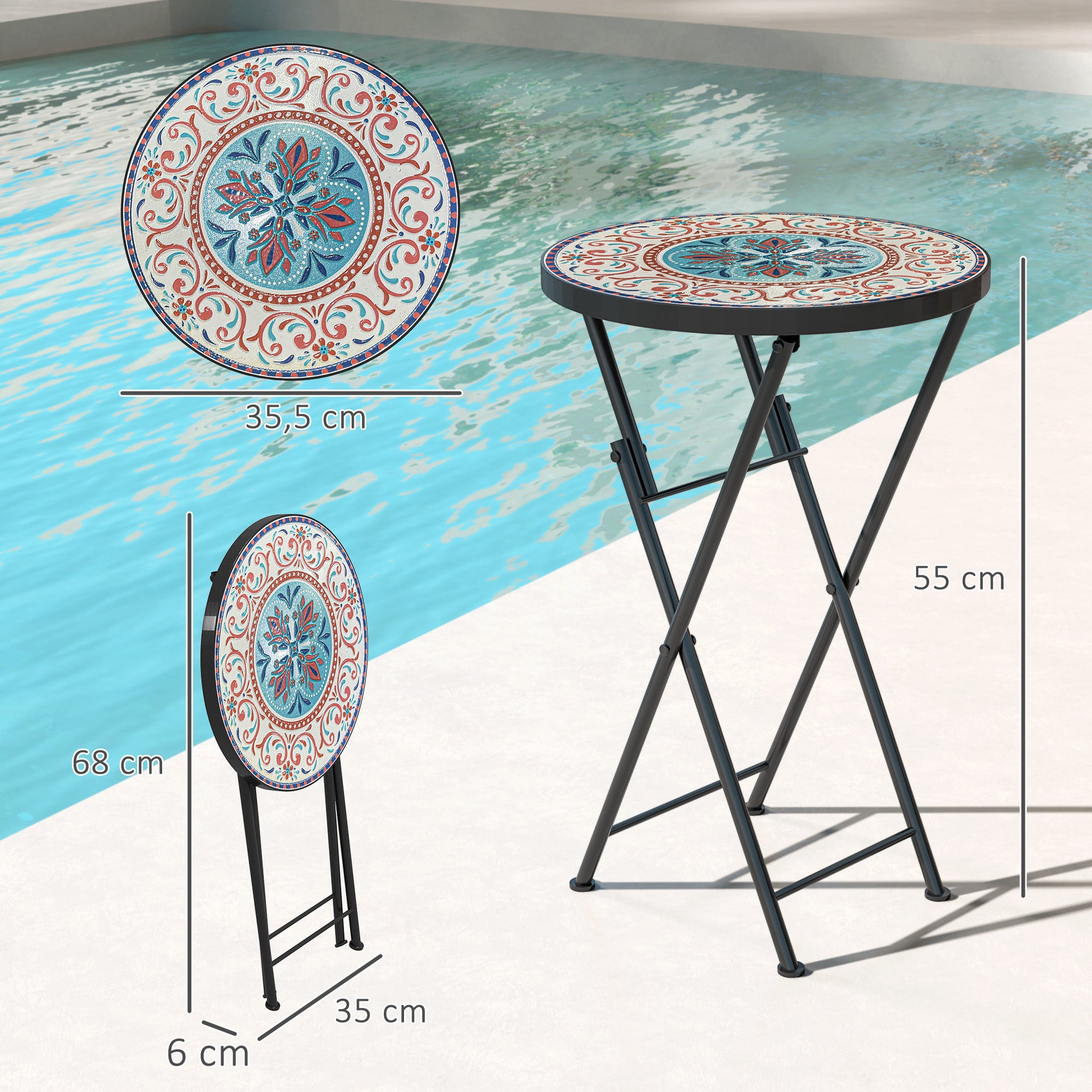 Folding Side Table Garden Table with Mosaic Design, Ø35.5 x 55 cm Round Weatherproof Metal Balcony Table, Camping Table Folding Table Coffee Table for Living Room Office Outdoor Indoor, Multicolored