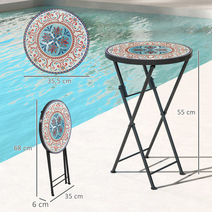 Folding Side Table Garden Table with Mosaic Design, Ø35.5 x 55 cm Round Weatherproof Metal Balcony Table, Camping Table Folding Table Coffee Table for Living Room Office Outdoor Indoor, Multicolored
