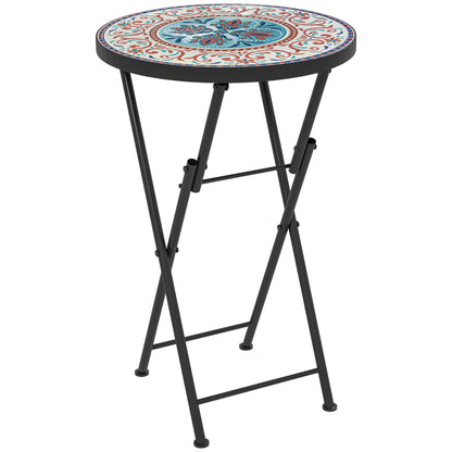 Folding Side Table Garden Table with Mosaic Design, Ø35.5 x 55 cm Round Weatherproof Metal Balcony Table, Camping Table Folding Table Coffee Table for Living Room Office Outdoor Indoor, Multicolored