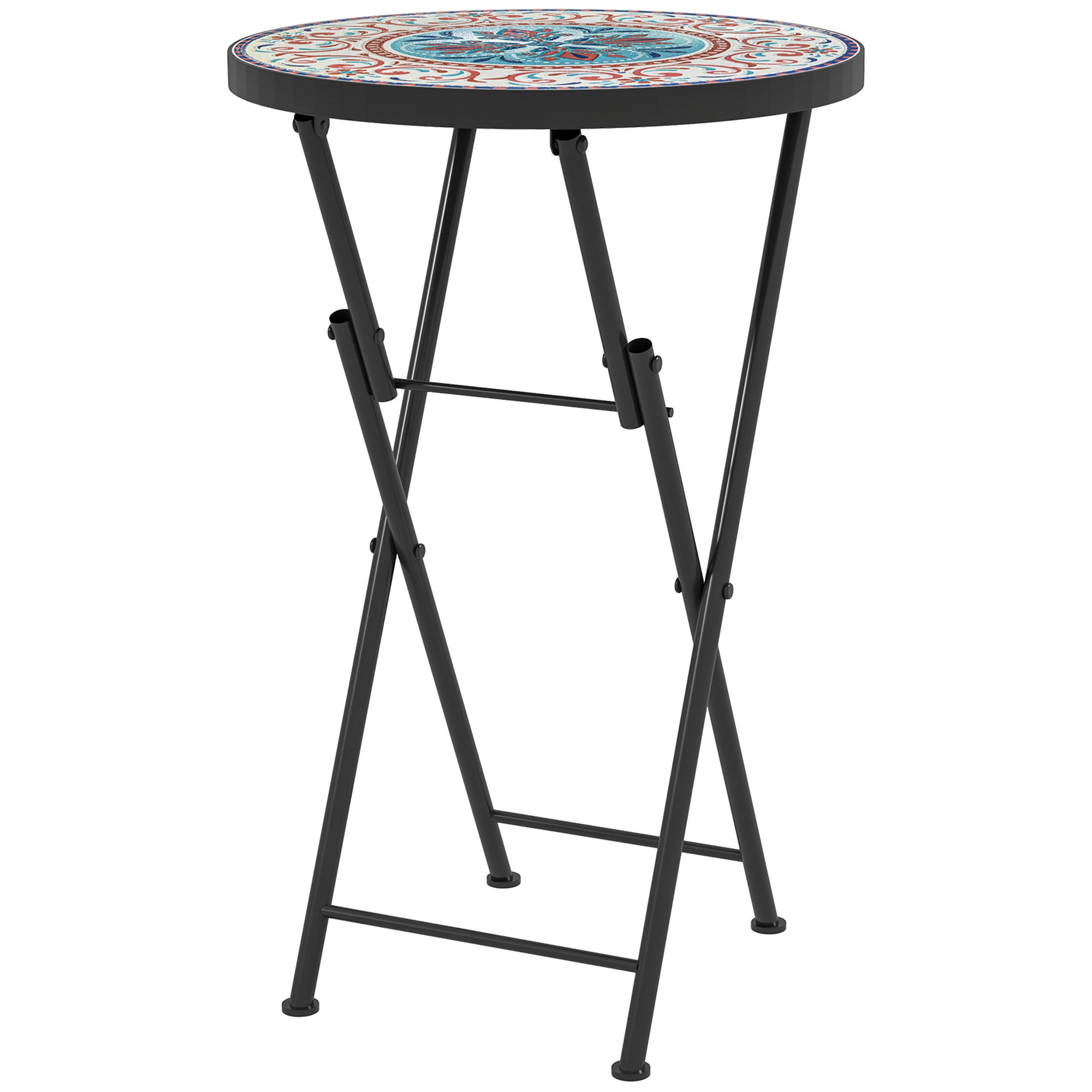 Folding Side Table Garden Table with Mosaic Design, Ø35.5 x 55 cm Round Weatherproof Metal Balcony Table, Camping Table Folding Table Coffee Table for Living Room Office Outdoor Indoor, Multicolored