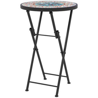 Folding Side Table Garden Table with Mosaic Design, Ø35.5 x 55 cm Round Weatherproof Metal Balcony Table, Camping Table Folding Table Coffee Table for Living Room Office Outdoor Indoor, Multicolored