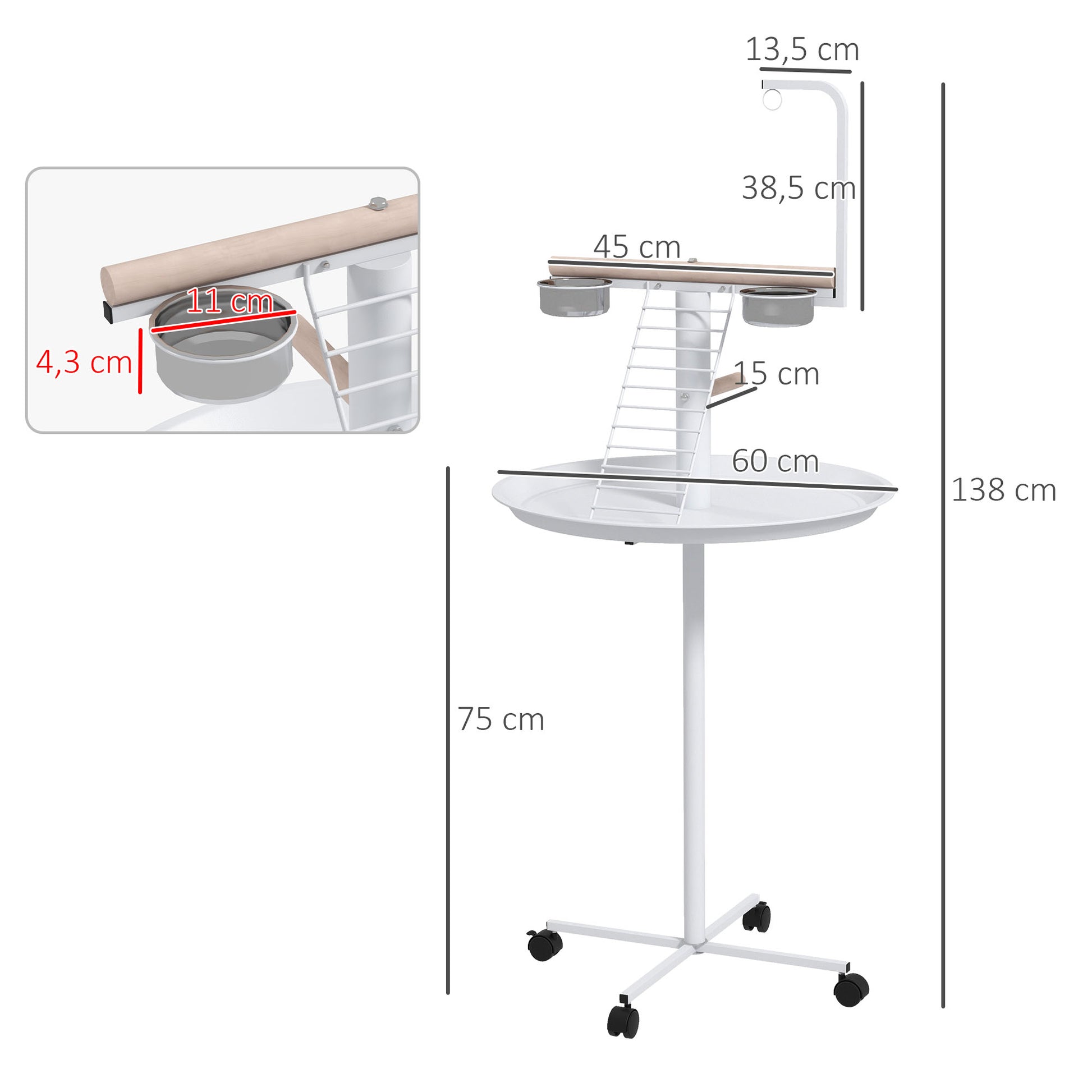 Parrot Playground with Feeding Station, Bird Feeding Station with Wheels, Perches, Bird Feeder with Ladder for Garden, Balcony, Steel, White