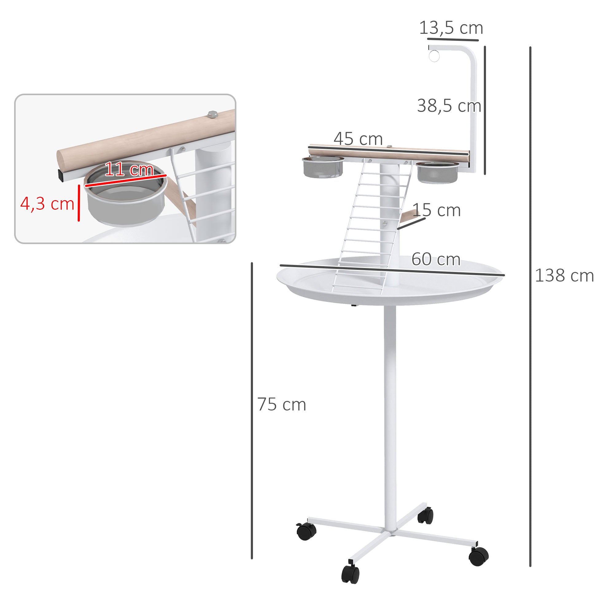 Parrot Playground with Feeding Station, Bird Feeding Station with Wheels, Perches, Bird Feeder with Ladder for Garden, Balcony, Steel, White