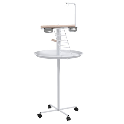 Parrot Playground with Feeding Station, Bird Feeding Station with Wheels, Perches, Bird Feeder with Ladder for Garden, Balcony, Steel, White