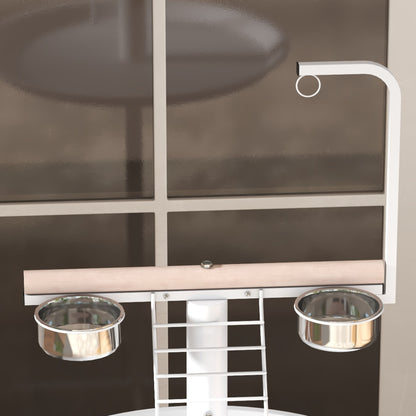 Parrot Playground with Feeding Station, Bird Feeding Station with Wheels, Perches, Bird Feeder with Ladder for Garden, Balcony, Steel, White