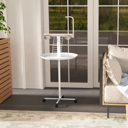 Parrot Playground with Feeding Station, Bird Feeding Station with Wheels, Perches, Bird Feeder with Ladder for Garden, Balcony, Steel, White