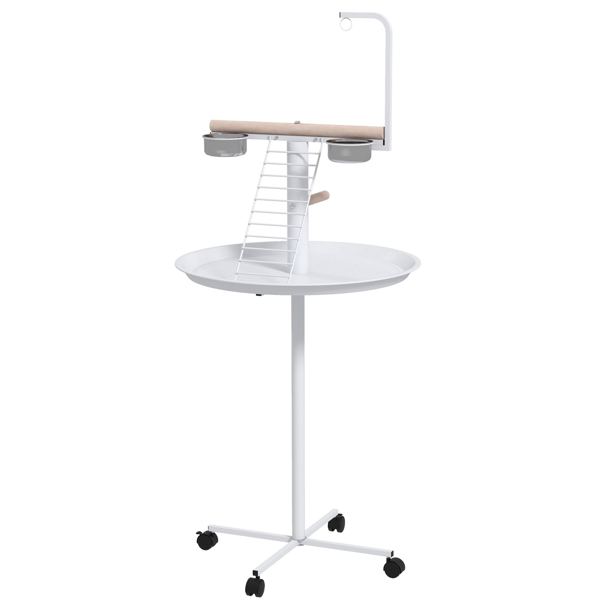 Parrot Playground with Feeding Station, Bird Feeding Station with Wheels, Perches, Bird Feeder with Ladder for Garden, Balcony, Steel, White