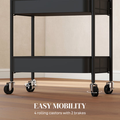 3-Tier Rolling Cart with Mesh Baskets, Wheels, Handles & Hooks – Black Steel