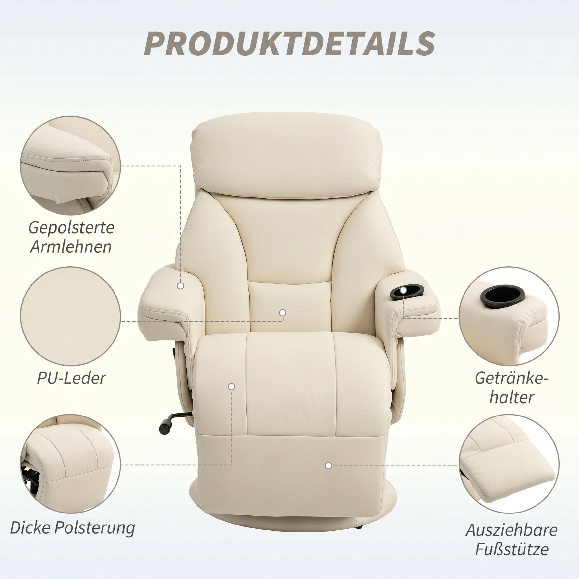 PU Leather Recliner with Manual Recline, Cup Holder & Side Pocket — Swivel TV Chair for Living Room/Bedroom, Cream