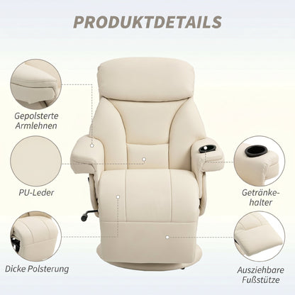 PU Leather Recliner with Manual Recline, Cup Holder & Side Pocket — Swivel TV Chair for Living Room/Bedroom, Cream