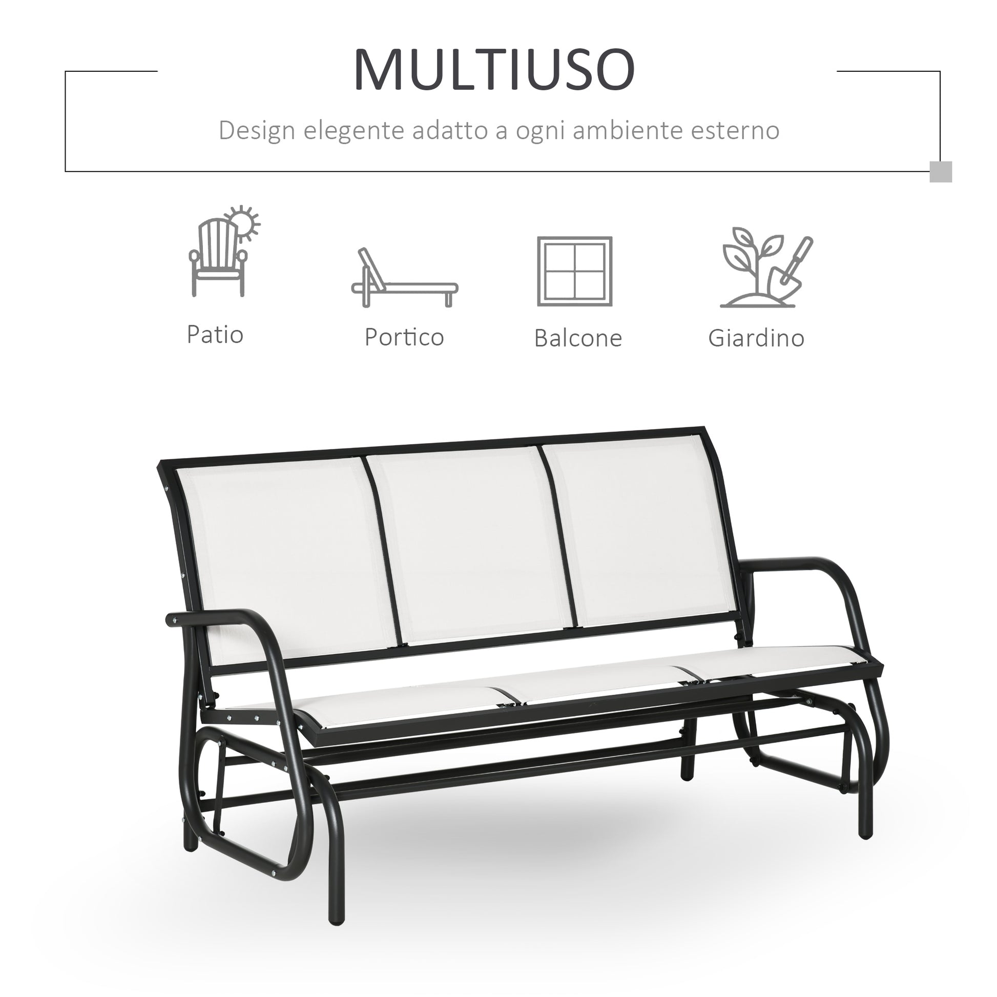 3-Seater Garden Rocking Bench in Metal and Breathable Net Fabric, 147x70x85cm, Beige
