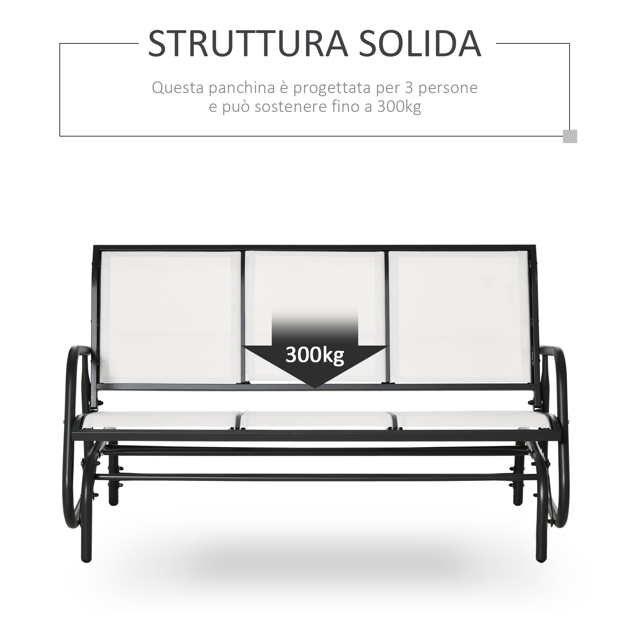 3-Seater Garden Rocking Bench in Metal and Breathable Net Fabric, 147x70x85cm, Beige
