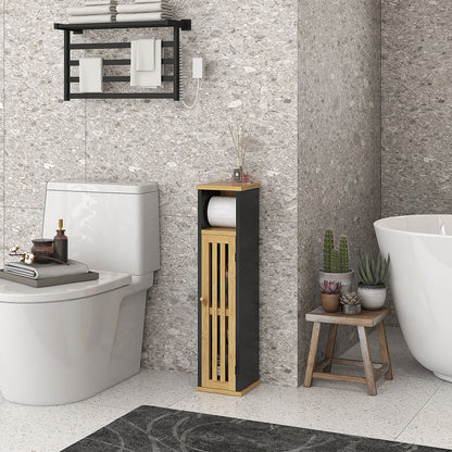 Bathroom Cabinet with Toilet Paper Holder - Storage with Removable Bar - 2 Levels + Toilet Paper Exit Black Bamboo MDF