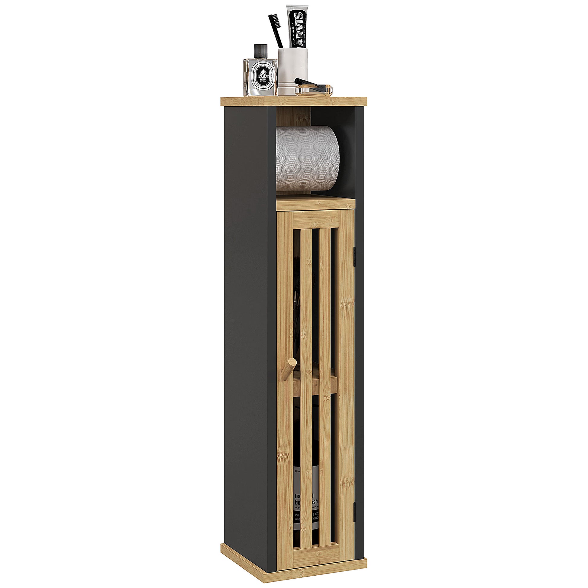 Bathroom Cabinet with Toilet Paper Holder - Storage with Removable Bar - 2 Levels + Toilet Paper Exit Black Bamboo MDF