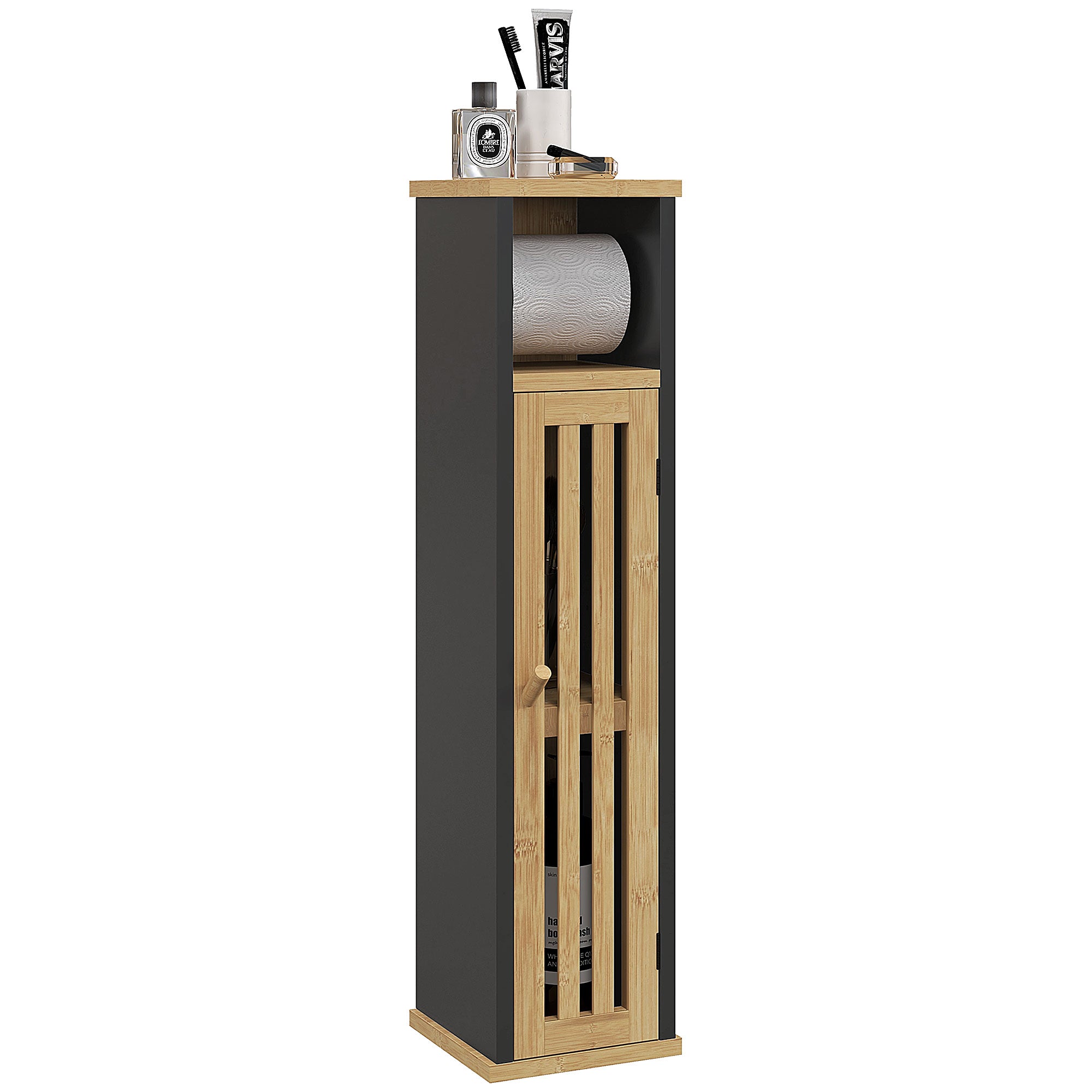 Bathroom Cabinet with Toilet Paper Holder - Storage with Removable Bar - 2 Levels + Toilet Paper Exit Black Bamboo MDF