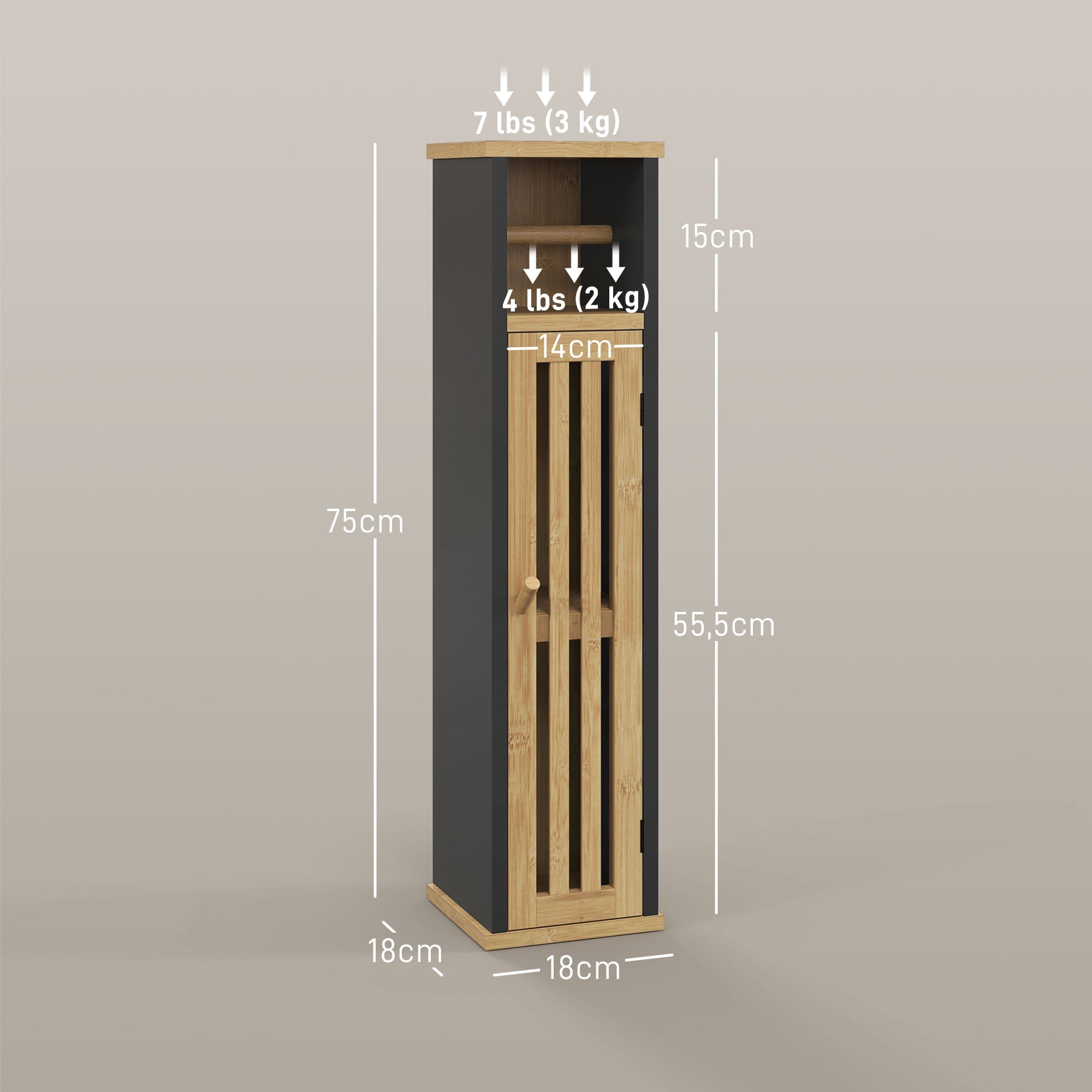 Bathroom Cabinet with Toilet Paper Holder - Storage with Removable Bar - 2 Levels + Toilet Paper Exit Black Bamboo MDF