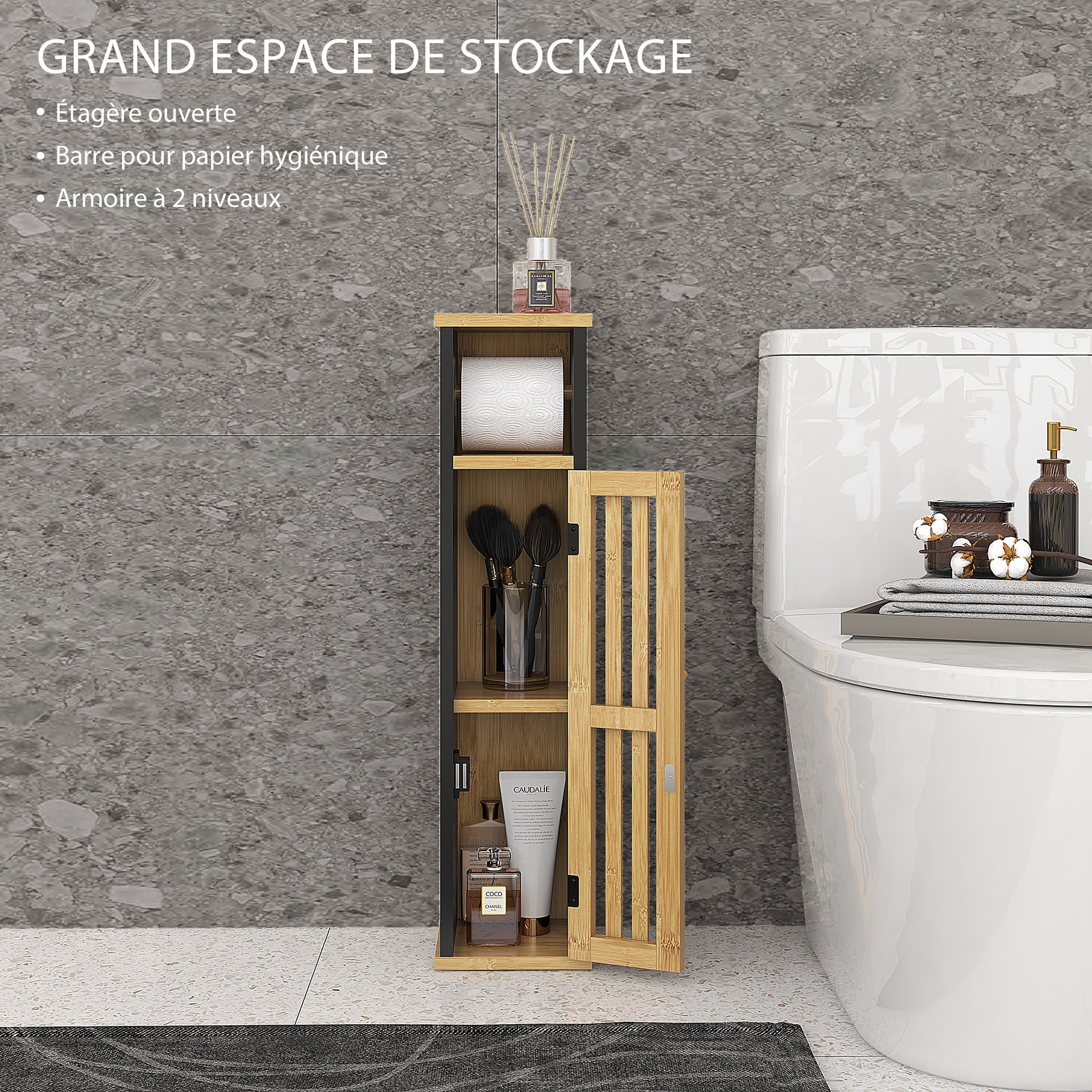 Bathroom Cabinet with Toilet Paper Holder - Storage with Removable Bar - 2 Levels + Toilet Paper Exit Black Bamboo MDF