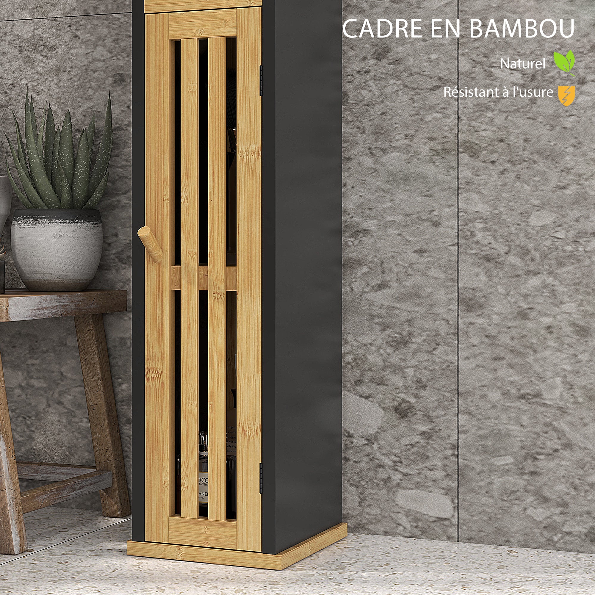 Bathroom Cabinet with Toilet Paper Holder - Storage with Removable Bar - 2 Levels + Toilet Paper Exit Black Bamboo MDF