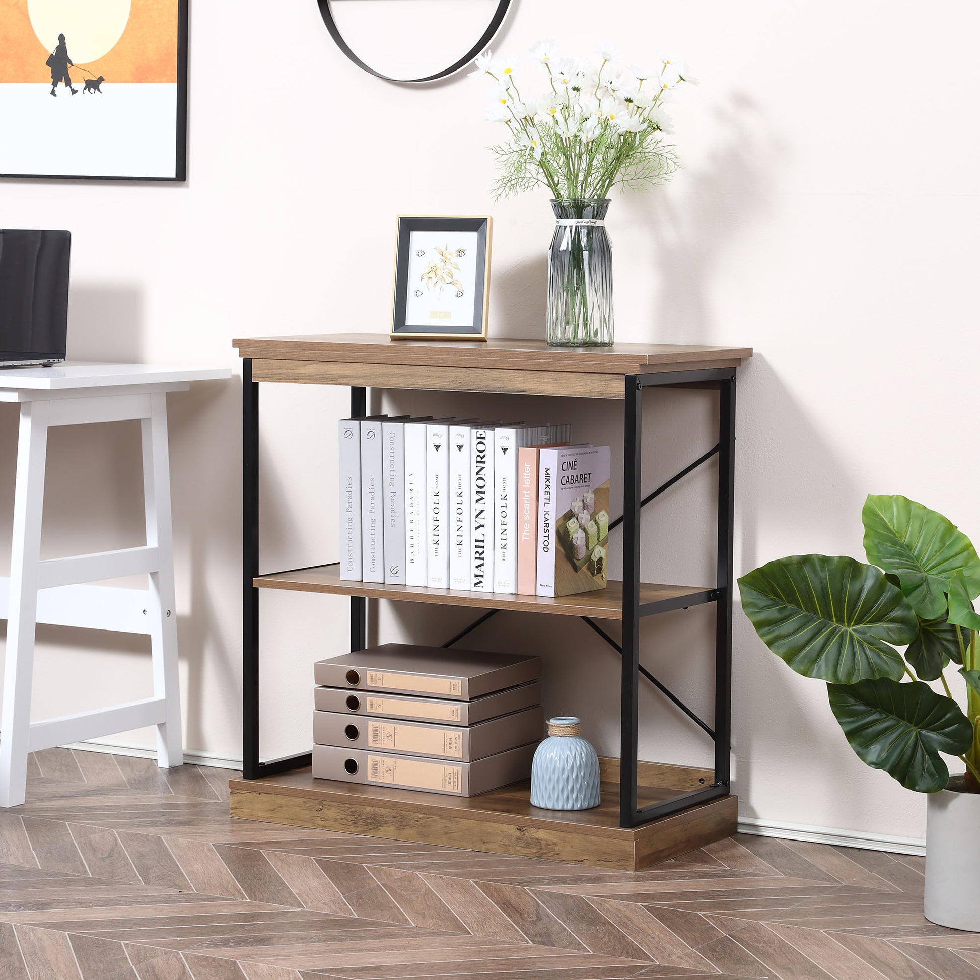 Industrial Style Bookshelf, Brown Wood and Black Metal Bookcase, 80x36x81.3cm