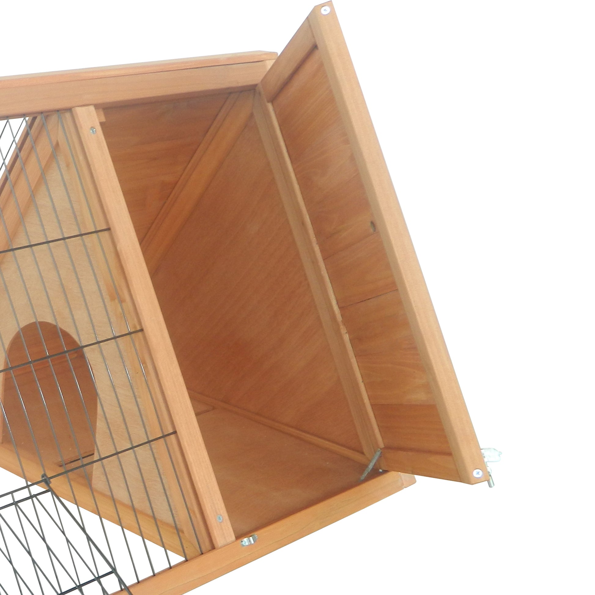 Natural Wood Triangular Rabbit Hutch 116x62.2x52.5 cm with Doors and Wire Mesh