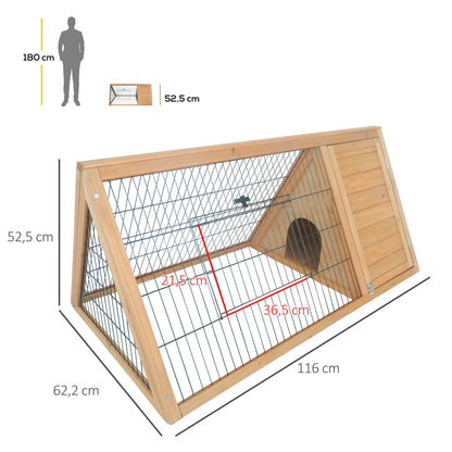 Natural Wood Triangular Rabbit Hutch 116x62.2x52.5 cm with Doors and Wire Mesh