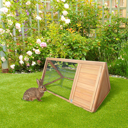 Natural Wood Triangular Rabbit Hutch 116x62.2x52.5 cm with Doors and Wire Mesh