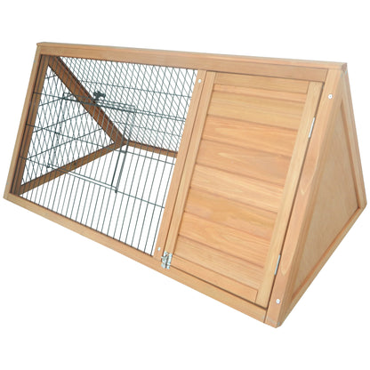 Natural Wood Triangular Rabbit Hutch 116x62.2x52.5 cm with Doors and Wire Mesh