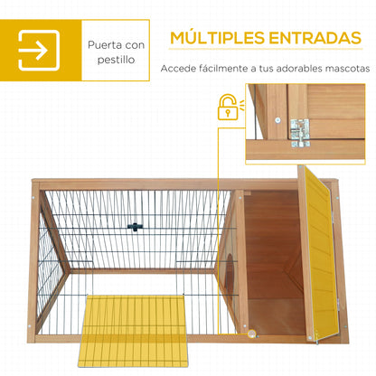 Natural Wood Triangular Rabbit Hutch 116x62.2x52.5 cm with Doors and Wire Mesh
