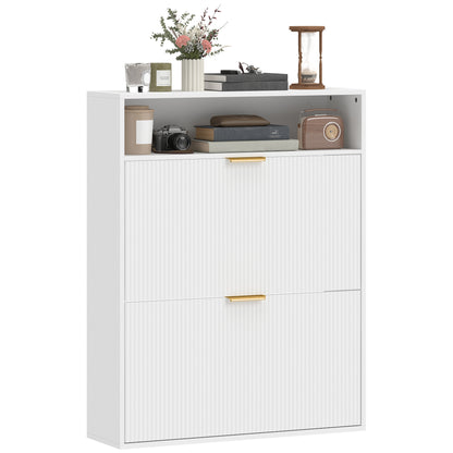 Slim Flip Shoe Cabinet — 2 Flip Compartments, Top Shelf, Holds 12–16 Pairs — White (31.5"x9.4"x40.4")