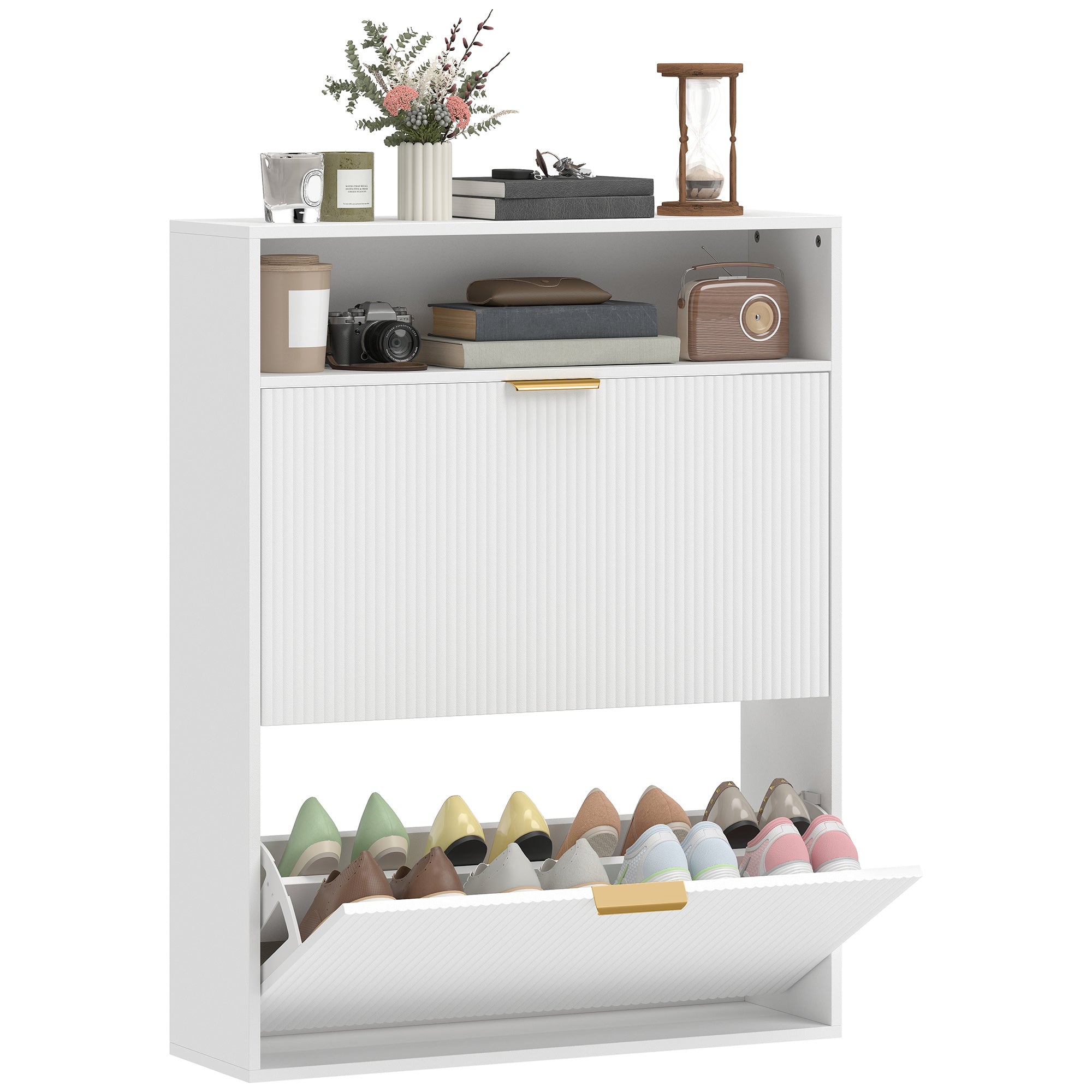 Slim Flip Shoe Cabinet — 2 Flip Compartments, Top Shelf, Holds 12–16 Pairs — White (31.5"x9.4"x40.4")