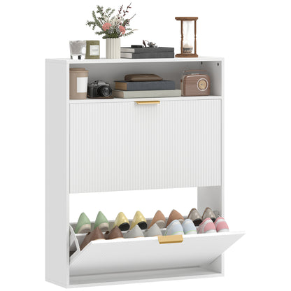 Slim Flip Shoe Cabinet — 2 Flip Compartments, Top Shelf, Holds 12–16 Pairs — White (31.5"x9.4"x40.4")
