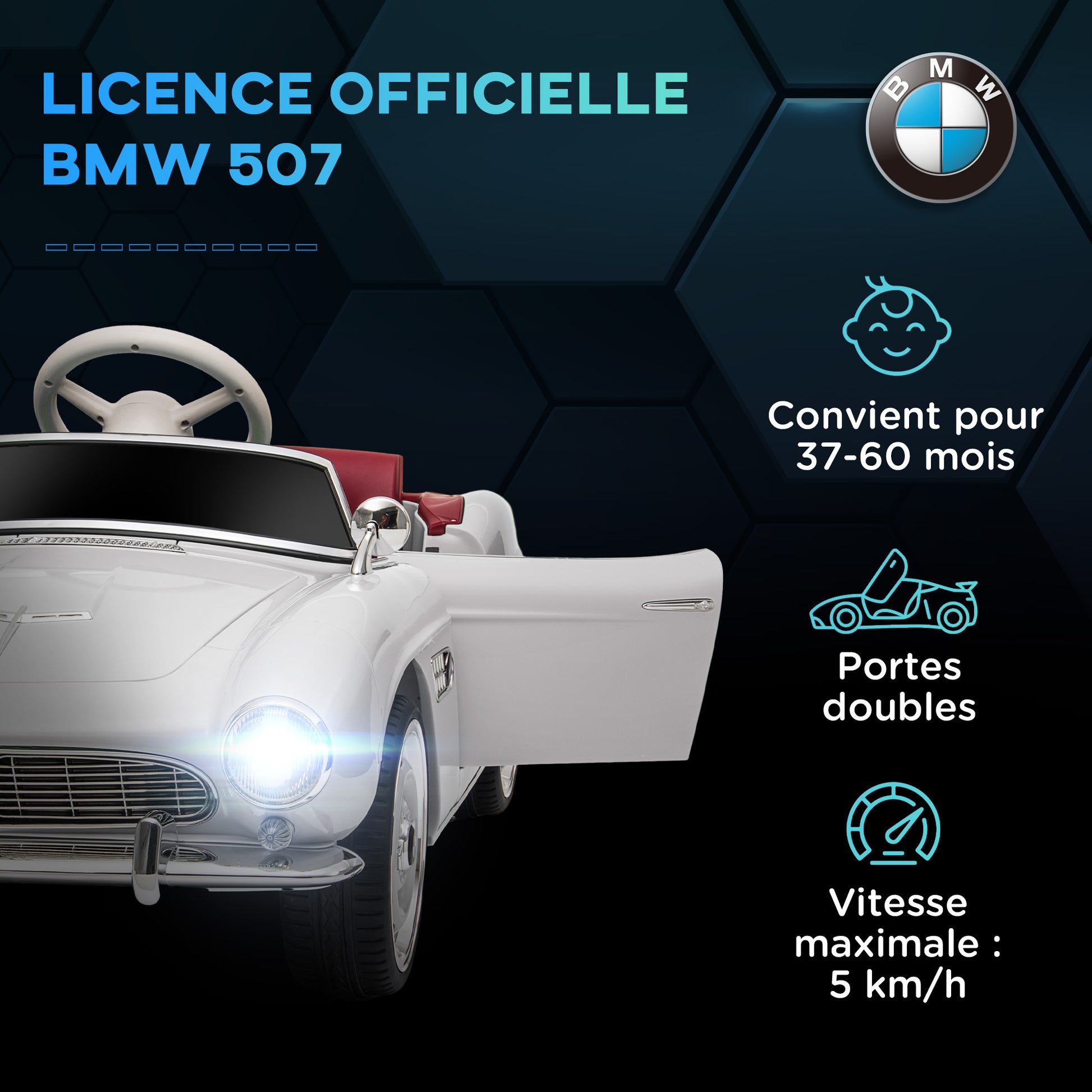 Electric Car for Kids, BMW 507 License, Retro Vintage Style, 12V, max. 5 km/h, Remote Control, Sound and Light Effects, White
