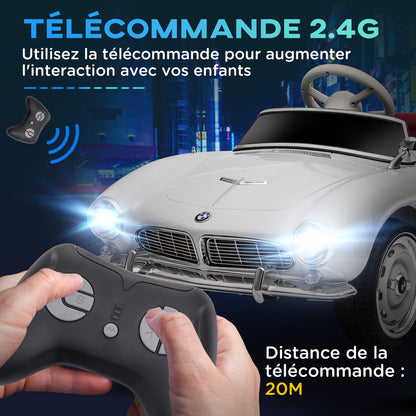 Electric Car for Kids, BMW 507 License, Retro Vintage Style, 12V, max. 5 km/h, Remote Control, Sound and Light Effects, White