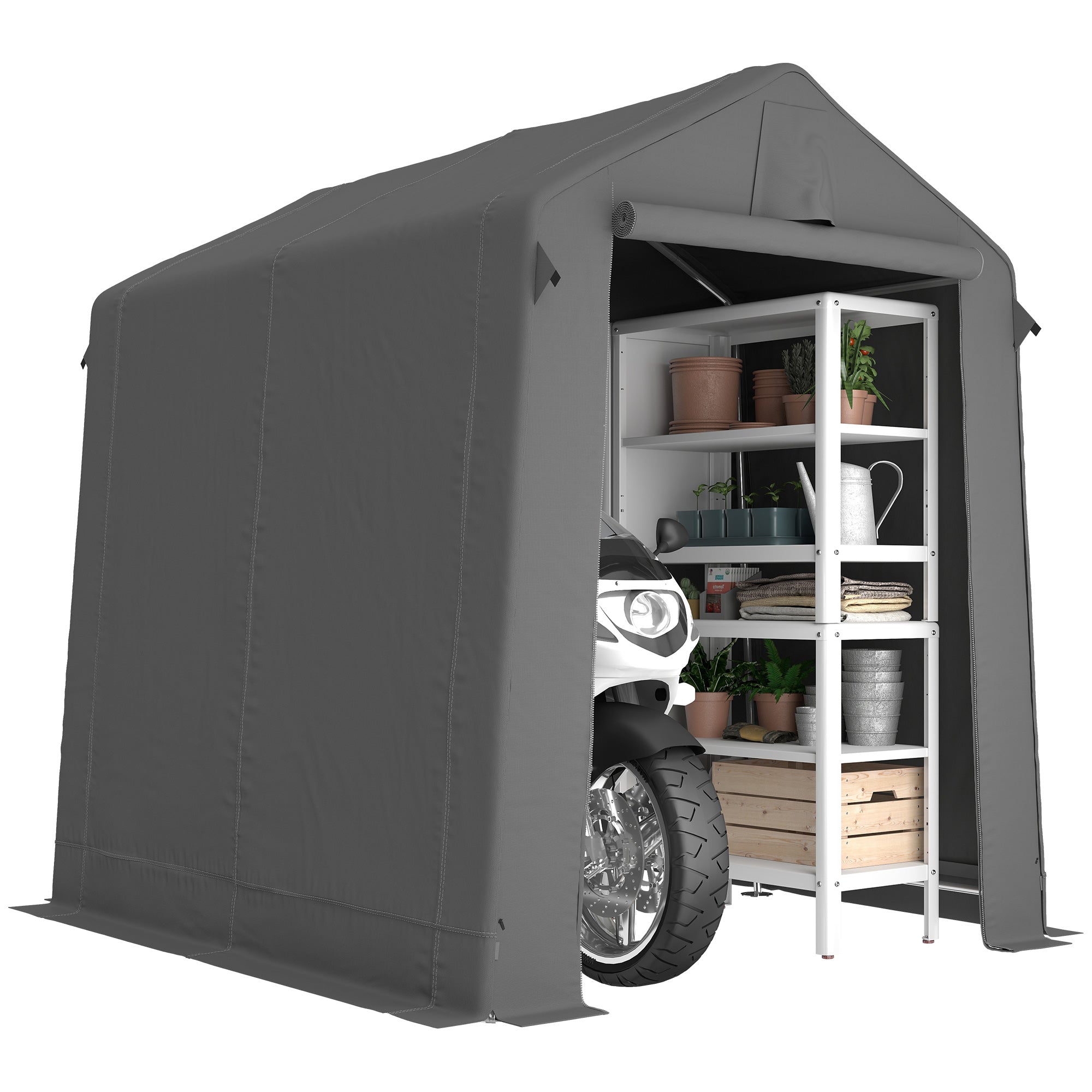 Garage Tent 2.3 x 1.9 m (7'6" x 6'3") — Water-Resistant Storage Shelter with Roll-Up Zipper Door & Ventilation, Galvanized Steel Frame, UV-Resistant — Dark Gray