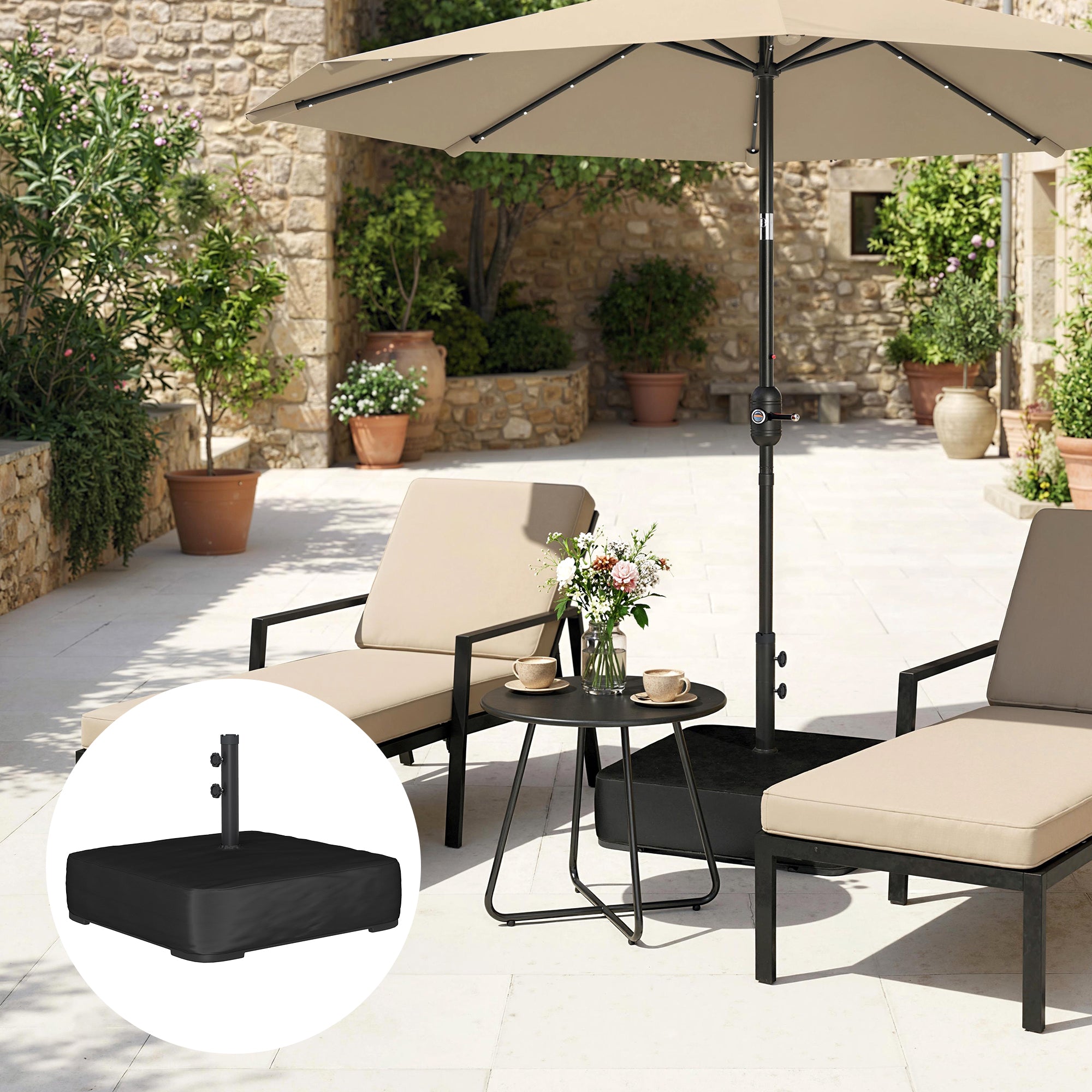 Umbrella Base with Cover, Portable, Fillable to 80 kg (176 lb), Heavy-Duty Stand for Cantilever & Outdoor Umbrellas, Fits 48 mm Poles, Black