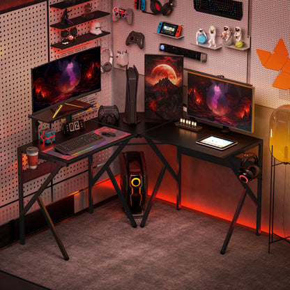 Gaming Desk L-Shaped Corner Gamer Desk 125 x 125 cm with Carbon Fiber Desktop, Screen Stand Cup Holder and Headset Hook, Black