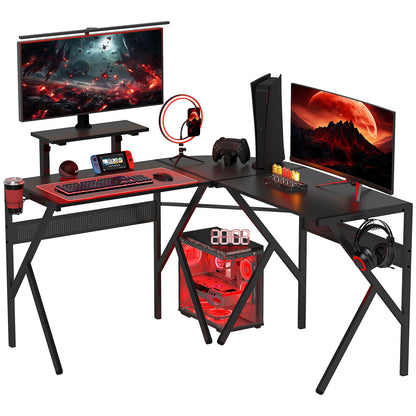 Gaming Desk L-Shaped Corner Gamer Desk 125 x 125 cm with Carbon Fiber Desktop, Screen Stand Cup Holder and Headset Hook, Black