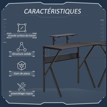 Gaming Desk L-Shaped Corner Gamer Desk 125 x 125 cm with Carbon Fiber Desktop, Screen Stand Cup Holder and Headset Hook, Black