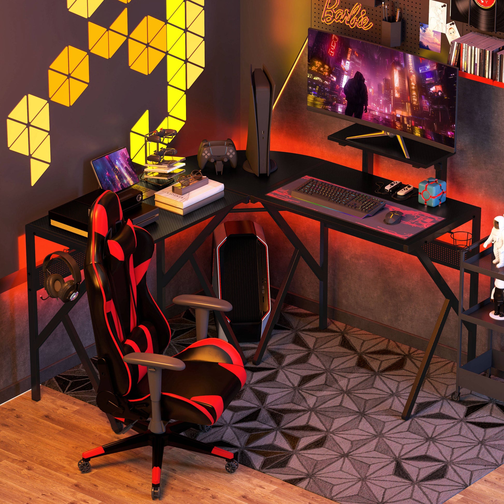 Gaming Desk L-Shaped Corner Gamer Desk 125 x 125 cm with Carbon Fiber Desktop, Screen Stand Cup Holder and Headset Hook, Black