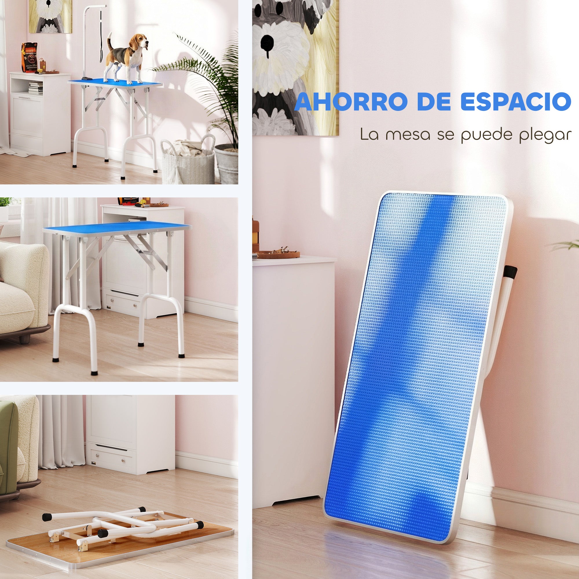 Folding Dog Grooming Table, Non-Slip Top, Adjustable Stainless Steel Arm, for Small & Medium Dogs, 32 x 19 x 31.5 in, Blue