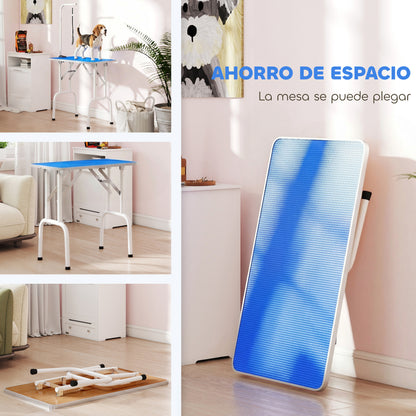 Folding Dog Grooming Table, Non-Slip Top, Adjustable Stainless Steel Arm, for Small & Medium Dogs, 32 x 19 x 31.5 in, Blue