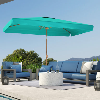 2x3 m Tilting Garden Umbrella with Crank, Air Vent and Ruffled Edge, Rectangular Outdoor Umbrella with UV 50+ Protection in Aluminum and Polyester 180 g/㎡, Turquoise