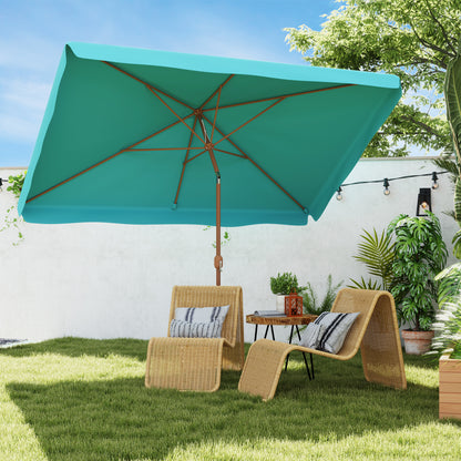 2x3 m Tilting Garden Umbrella with Crank, Air Vent and Ruffled Edge, Rectangular Outdoor Umbrella with UV 50+ Protection in Aluminum and Polyester 180 g/㎡, Turquoise