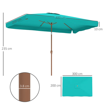 2x3 m Tilting Garden Umbrella with Crank, Air Vent and Ruffled Edge, Rectangular Outdoor Umbrella with UV 50+ Protection in Aluminum and Polyester 180 g/㎡, Turquoise