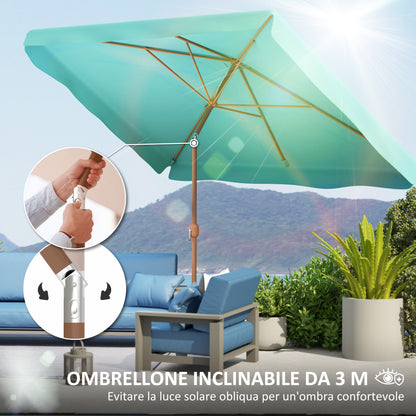 2x3 m Tilting Garden Umbrella with Crank, Air Vent and Ruffled Edge, Rectangular Outdoor Umbrella with UV 50+ Protection in Aluminum and Polyester 180 g/㎡, Turquoise