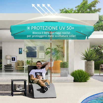 2x3 m Tilting Garden Umbrella with Crank, Air Vent and Ruffled Edge, Rectangular Outdoor Umbrella with UV 50+ Protection in Aluminum and Polyester 180 g/㎡, Turquoise
